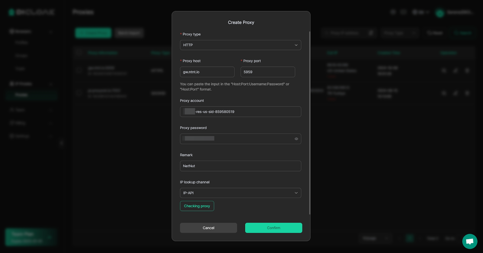 select the “Proxy Type”