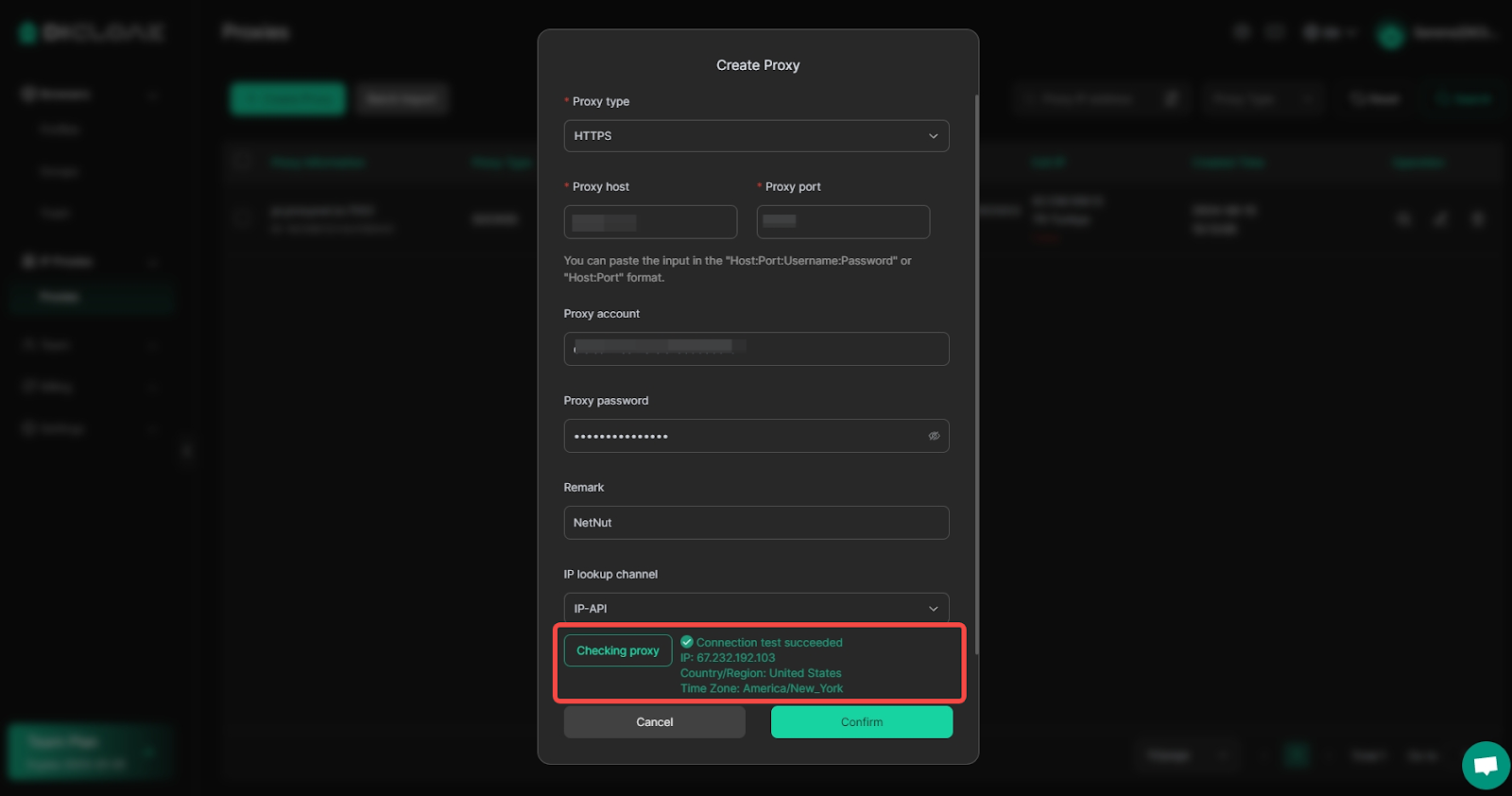  select the “Proxy Type” and copy the “Proxy Host“, “Proxy Port“, “Proxy Account“, and “Proxy Password