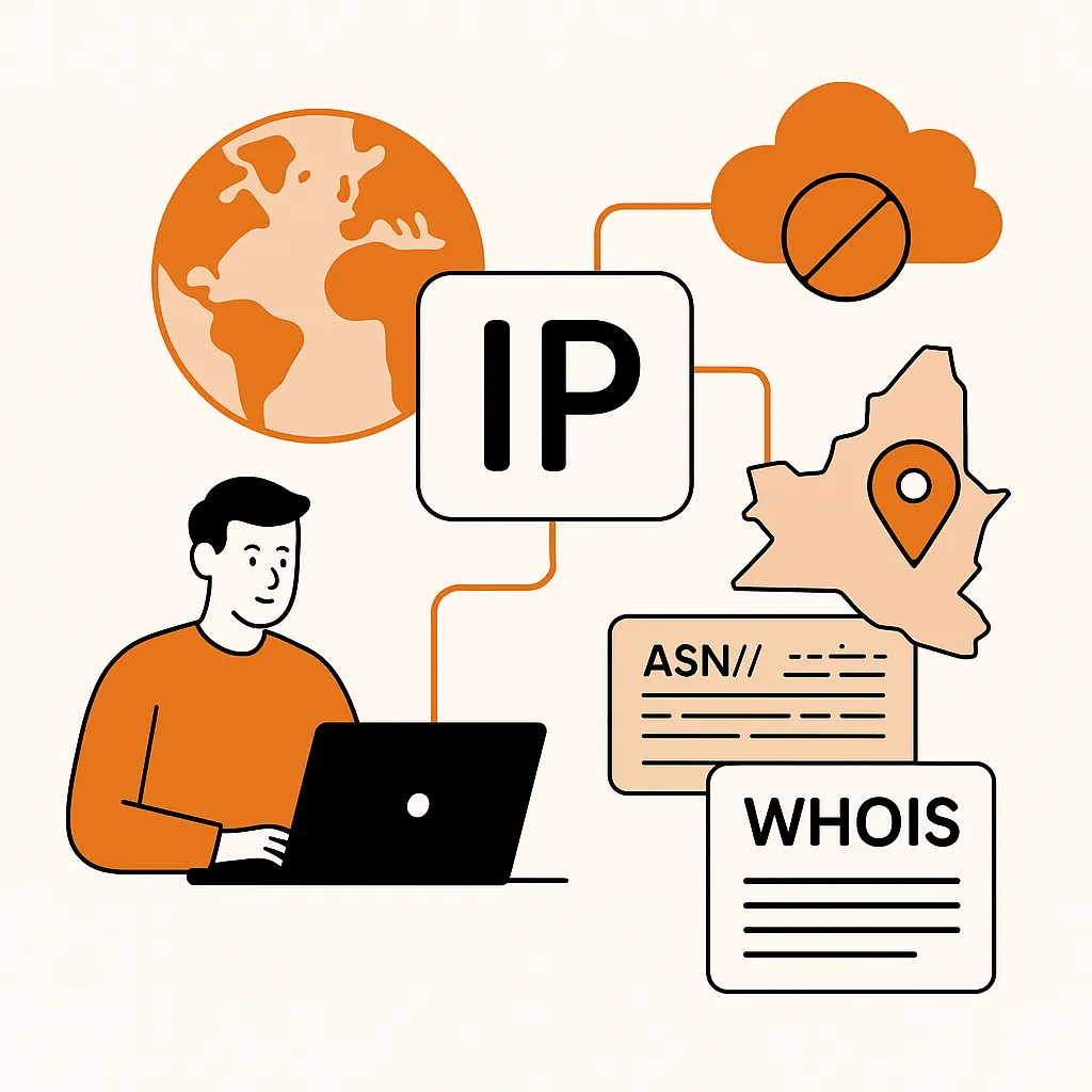 Flat-style illustration of IP intelligence with a person using a laptop, surrounded by icons representing IP address, world map, geolocation pin, ASN data, WHOIS records, and cloud security, symbolizing IP2 network analysis and cybersecurity