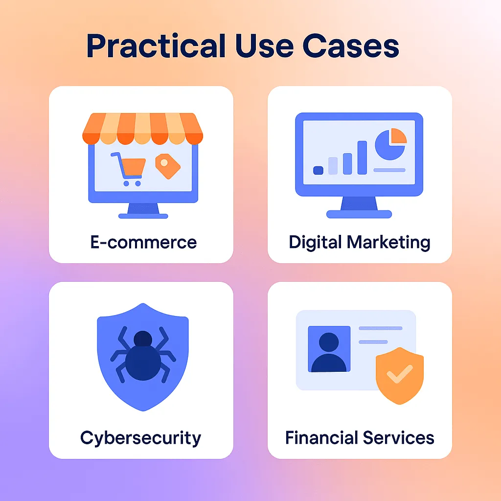 Flat-style infographic showing practical use cases of IP2 network data across industries. Four sections with icons a shopping cart for E-commerce (fraud detection and geo-targeting), a megaphone for Digital Marketing (audience segmentation and analytics), a shield with a bug for Cybersecurity (threat intelligence and blocking), and a bank building for Financial Services (risk assessment and compliance)